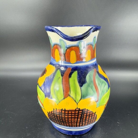 Mexico Art Pottery Talavera Pitcher Carafe Multicolor Frutal Decor Hand Made VTG - Picture 10 of 16